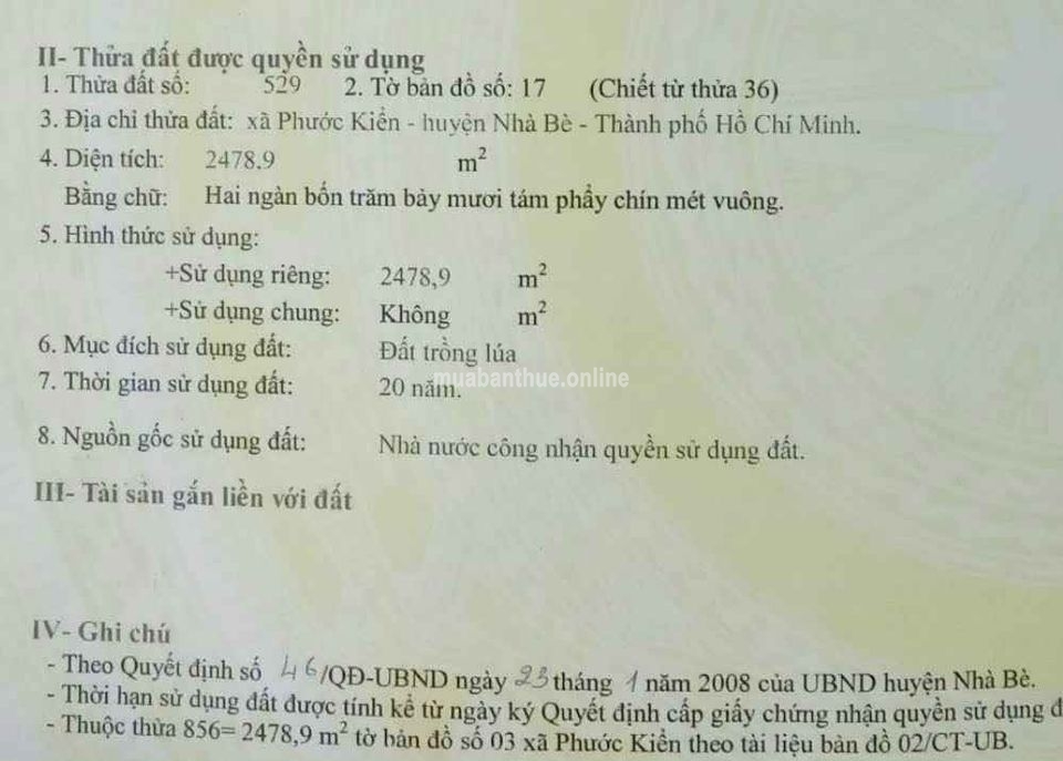 BÁN ĐẤT 2.479 m2 . đường xe tải Phước Kiển . Nhà bè . TPHCM