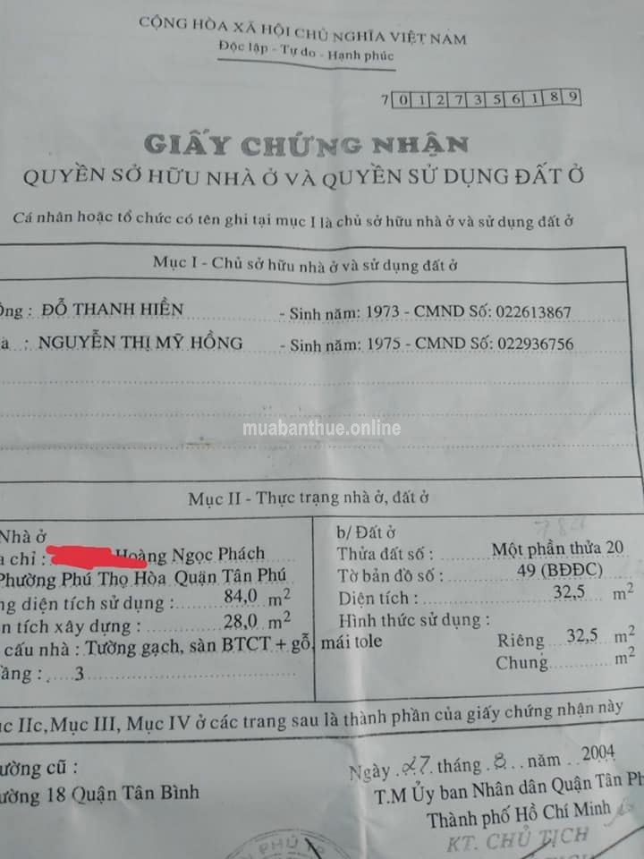 CẦN BÁN GẤP CĂN NHÀ TÂN PHÚ