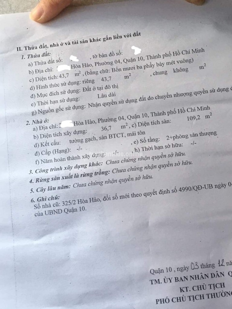 Nhà 1/ Hòa Hảo phường 4 quận 10. Sát bên trường tiểu học Trần Quang Cơ.