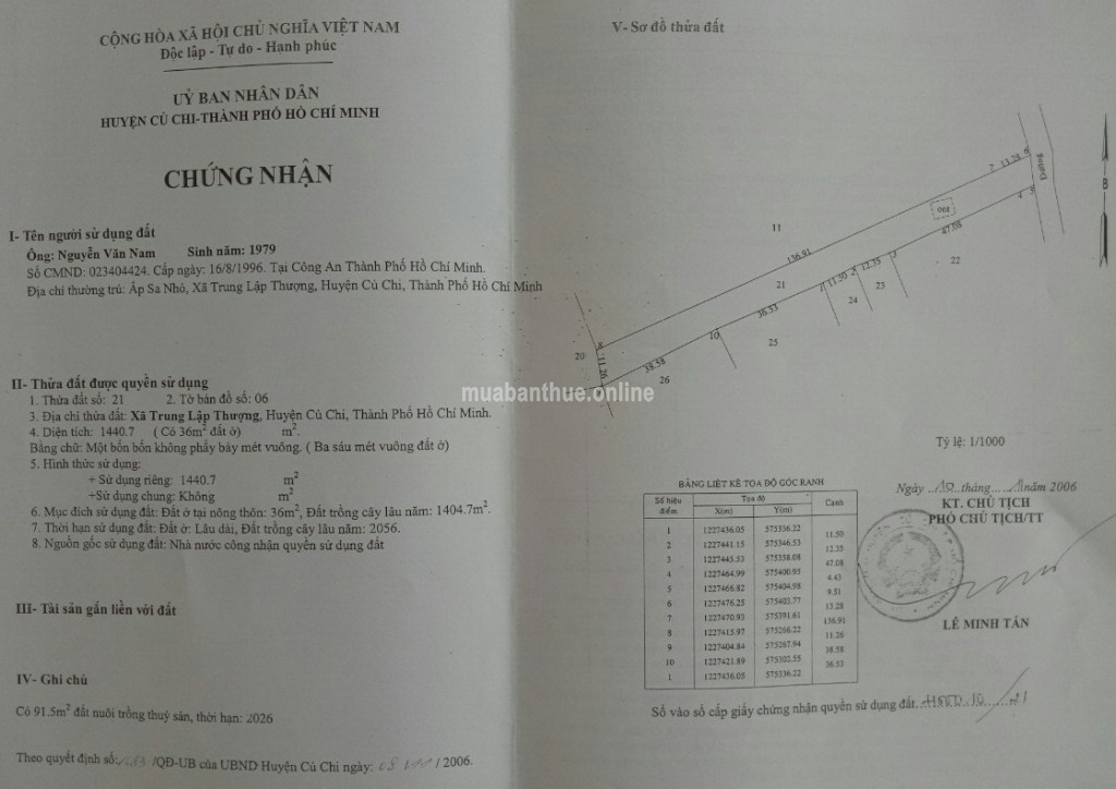 Bán lô đất 1.440m2, có 300 thổ cư đường Nguyễn Thị He