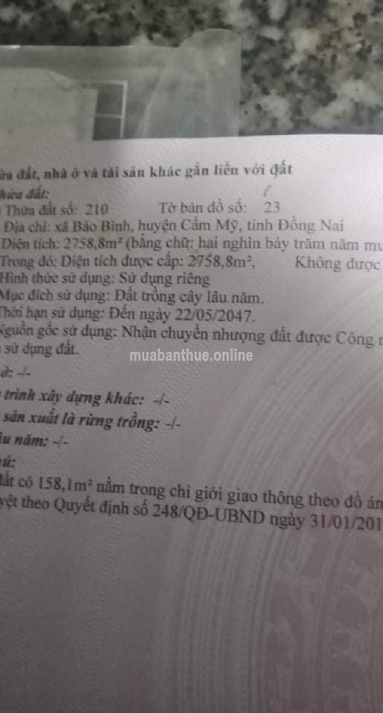 BÁN LÔ ĐẤT CỰC RẺ THUỘC XÃ BẢO BÌNH, HUYỆN CẨM MỸ, ĐỒNG NAI