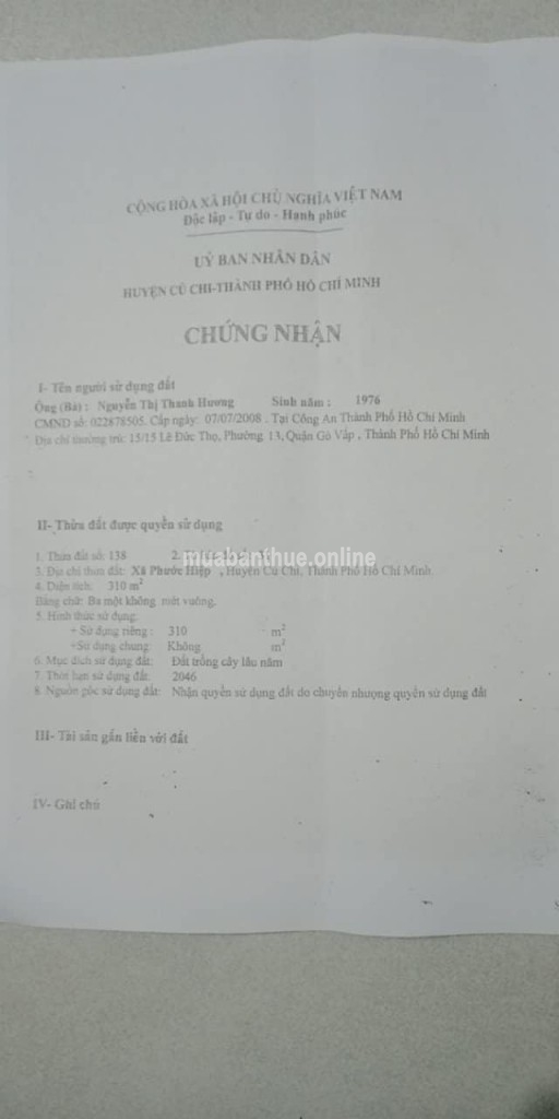 Chính chủ gửi bán miếng đất đầu năm giá tốt . 2Mt nhựa xã Phước Hiệp , cách thị trấn Củ Chi 5km