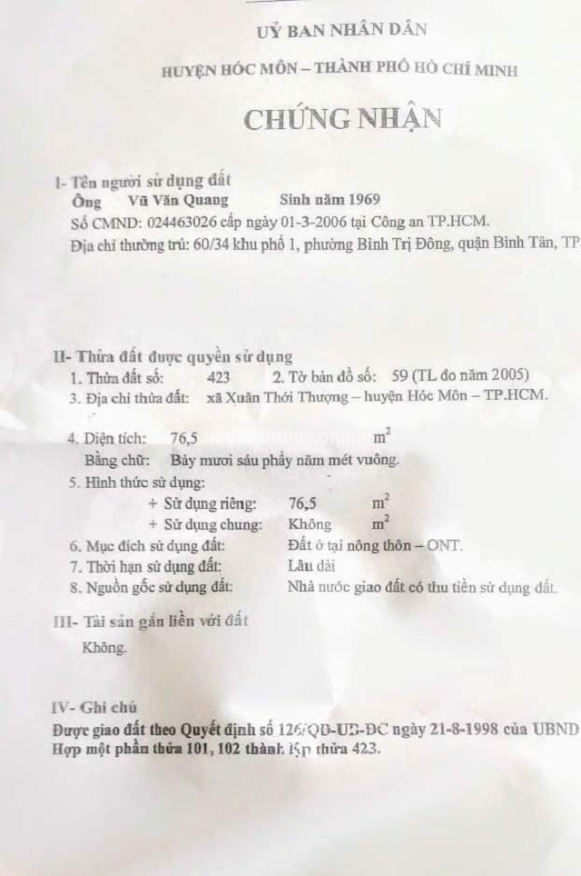 Bán Đất Thổ Cư Dt 80m2. Ấp 7, Xuân Thới Thượng, Hóc Môn.