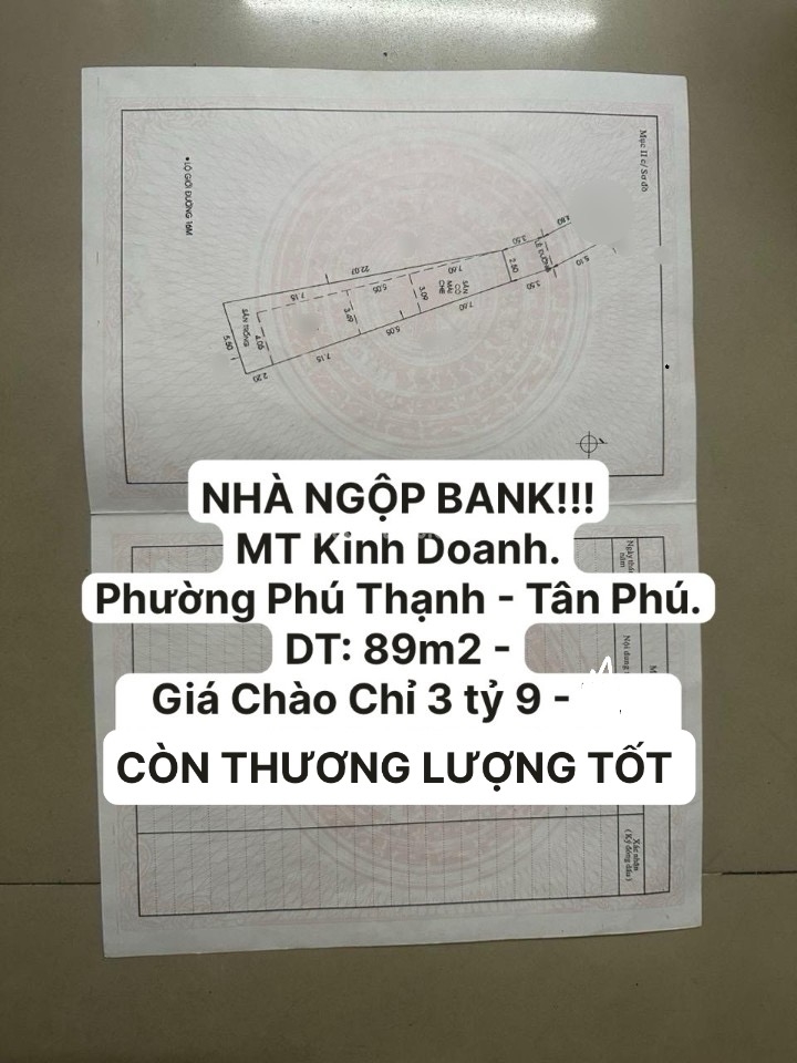 MẶT TIỀN KINH DOANH - ĐƯỜNG TRẦN QUANG CƠ - P PHÚ THẠNH - Q TÂN PHÚ. DT: 89m2 ( NỞ HẬU 5.5M ) GIÁ CHÀO 3.9 TỶ. CÒN TL TỐT.